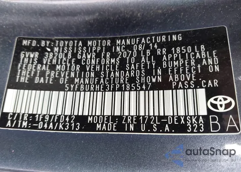 2015 Toyota Corolla S Plus from USA, damaged, VIN 5YFBURHE3FP185547